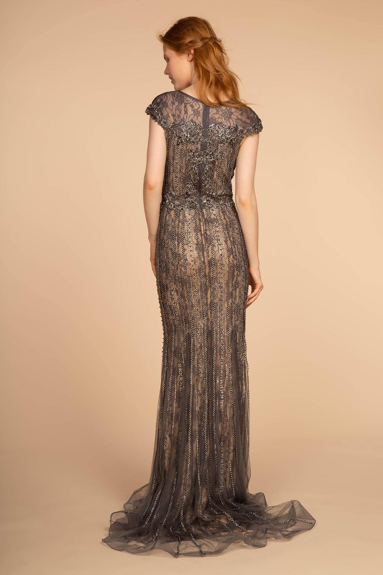 Jewel Embellished Tulle and Lace Long Dress