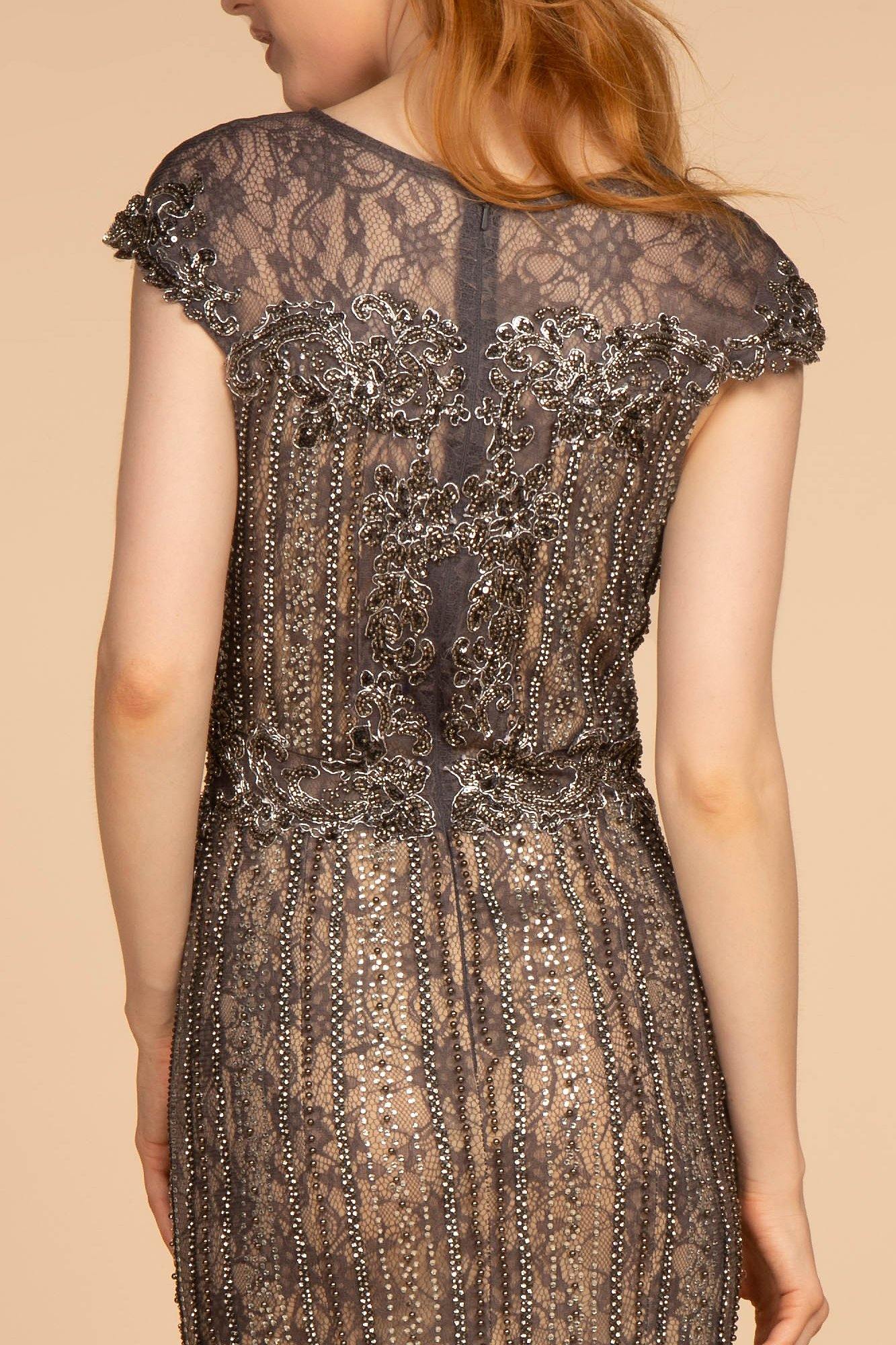 Jewel Embellished Tulle and Lace Long Dress