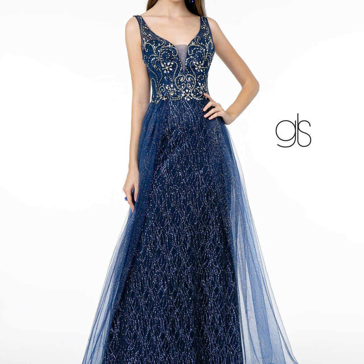 Jeweled Bodice Glitter Mesh A-Line Long Prom Dress