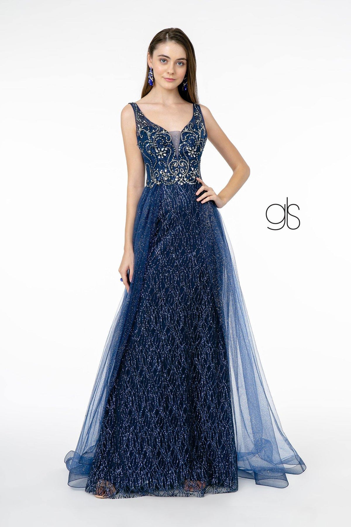 Jeweled Bodice Glitter Mesh A-Line Long Prom Dress - The Dress Outlet Elizabeth K