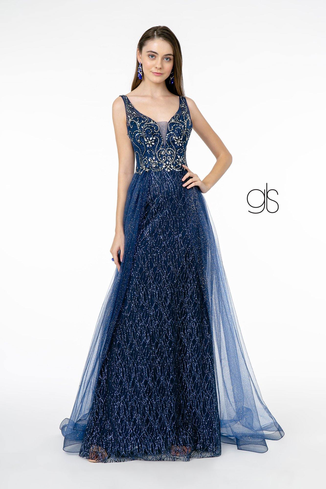 Jeweled Bodice Glitter Mesh A-Line Long Prom Dress - Navy / XS Jeweled Bodice Glitter Mesh A-Line Long Prom Dress - Navy / XS
