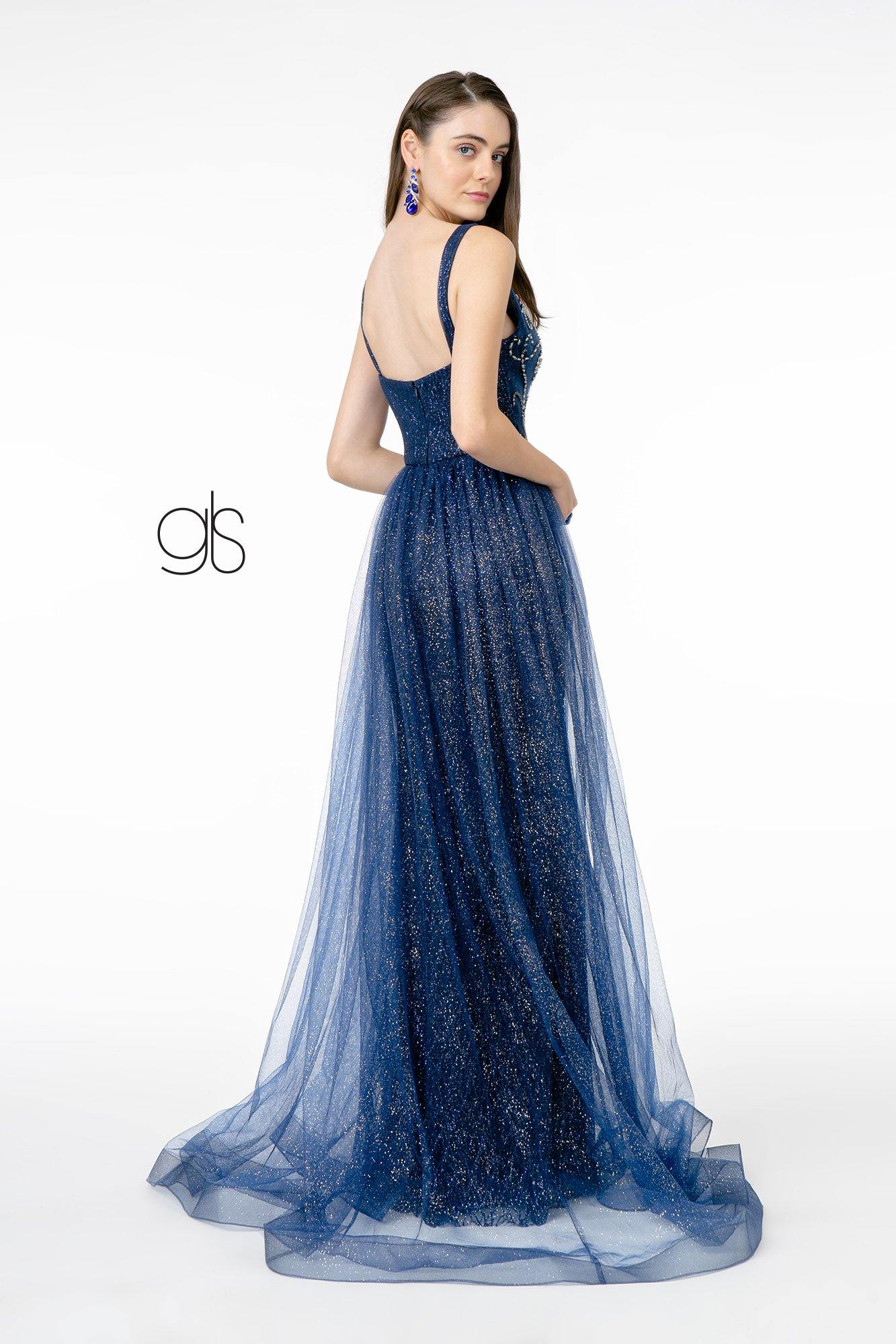 Jeweled Bodice Glitter Mesh A-Line Long Prom Dress - The Dress Outlet Elizabeth K