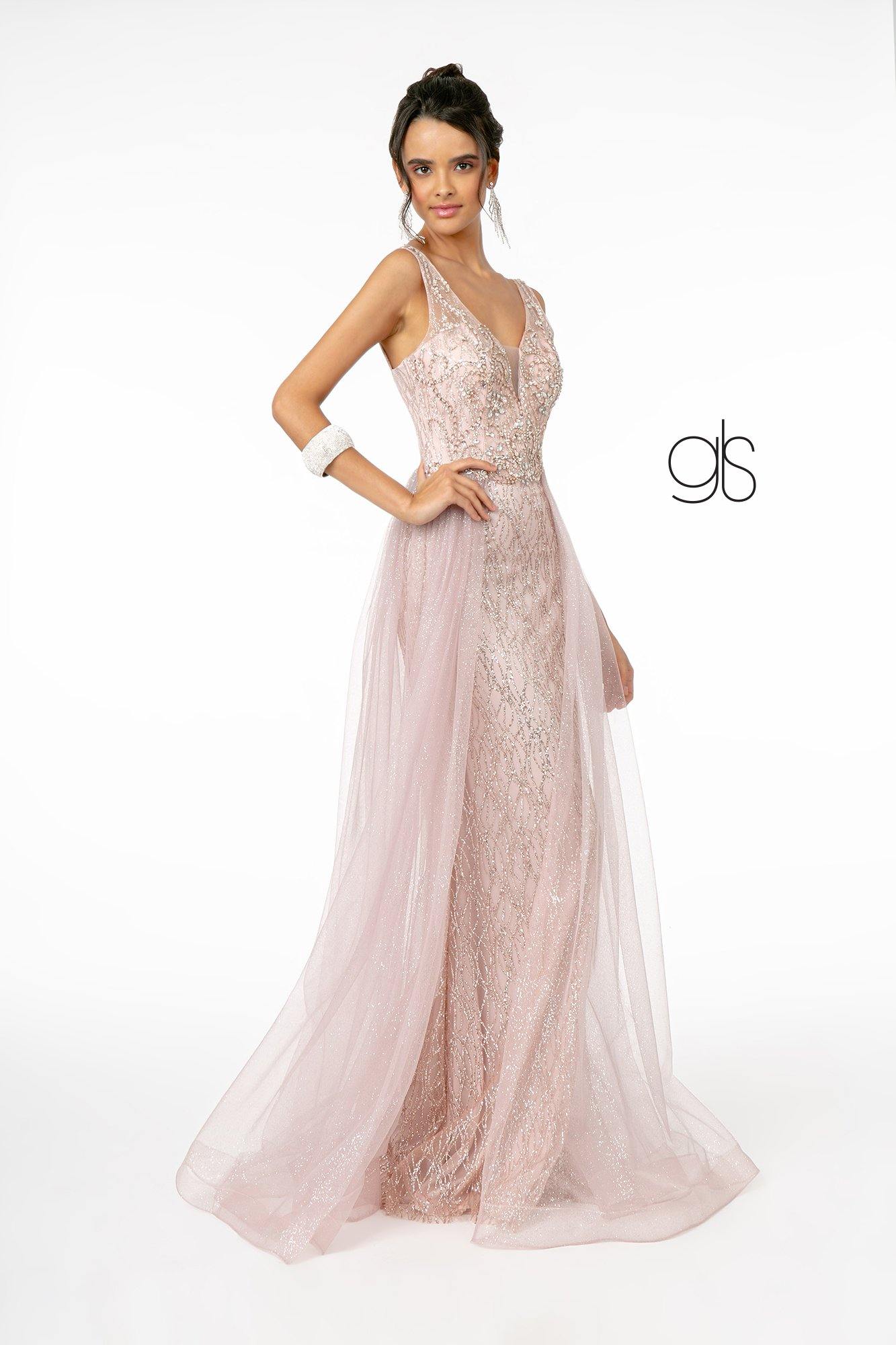 Jeweled Bodice Glitter Mesh A-Line Long Prom Dress - The Dress Outlet Elizabeth K