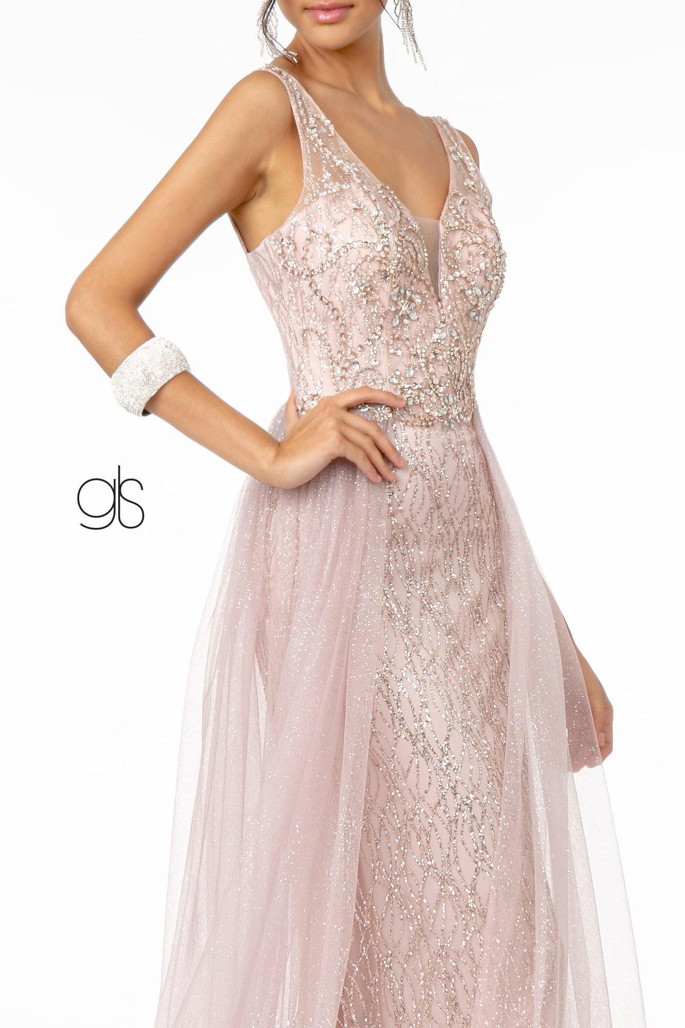 Jeweled Bodice Glitter Mesh A-Line Long Prom Dress - Navy / XS Jeweled Bodice Glitter Mesh A-Line Long Prom Dress - Navy / XS