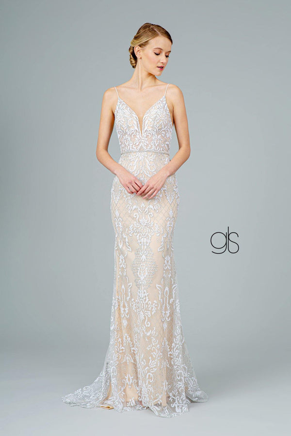 Jeweled Waist Band Accented Glitter Mesh Long Prom Dress