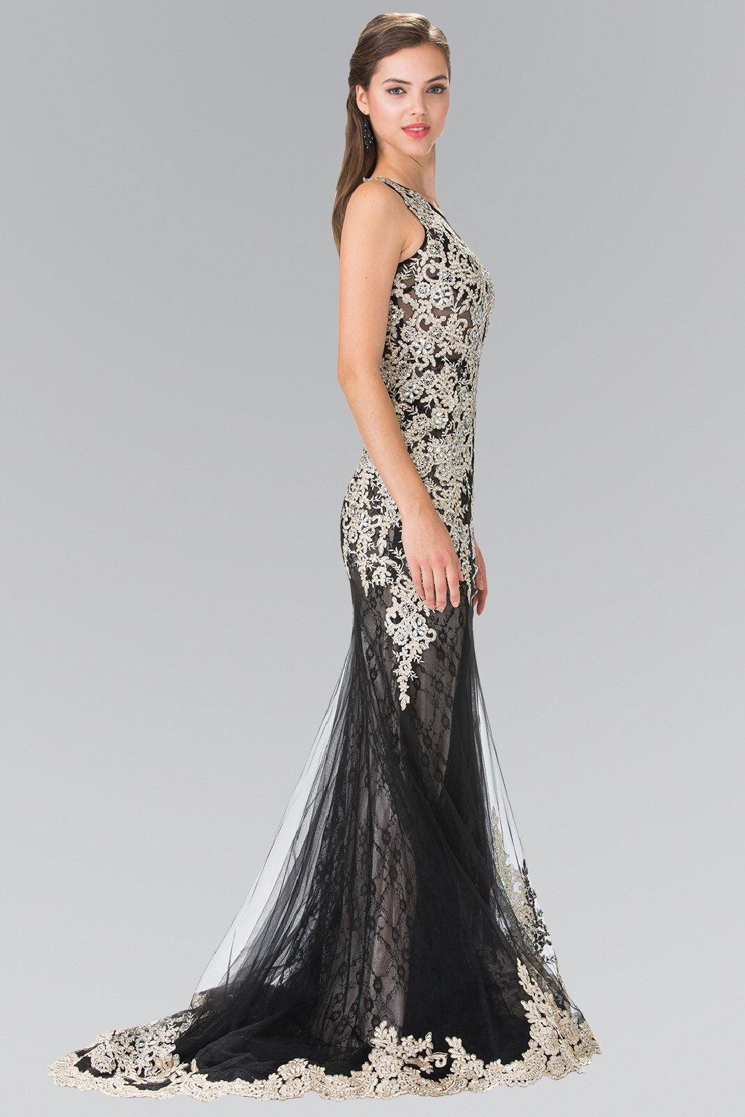Illusion Lace Floor-length Dress with Half Sleeves Gold