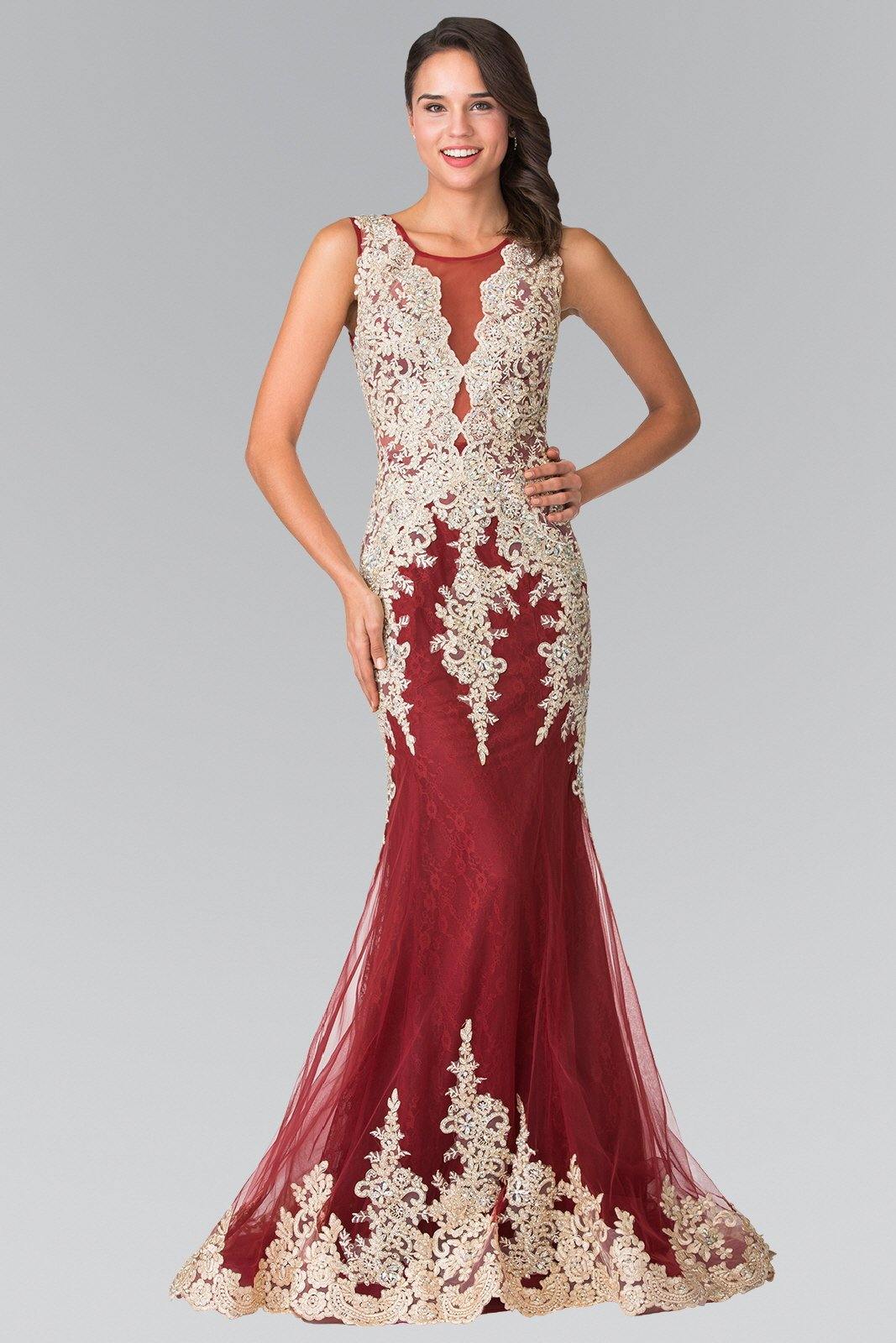 Jewels Embellished Lace Illusion Long Prom Dress - The Dress Outlet Elizabeth K