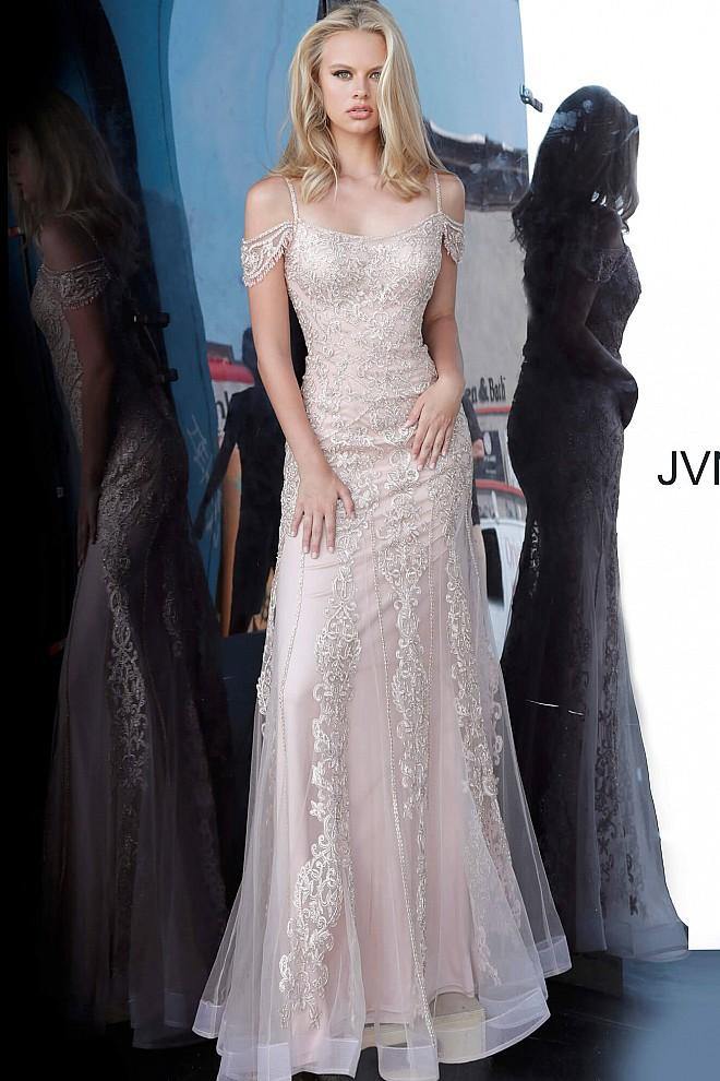JVN By Jovani Long Evening Prom Gown JVN02011 Blush - The Dress Outlet Jovani