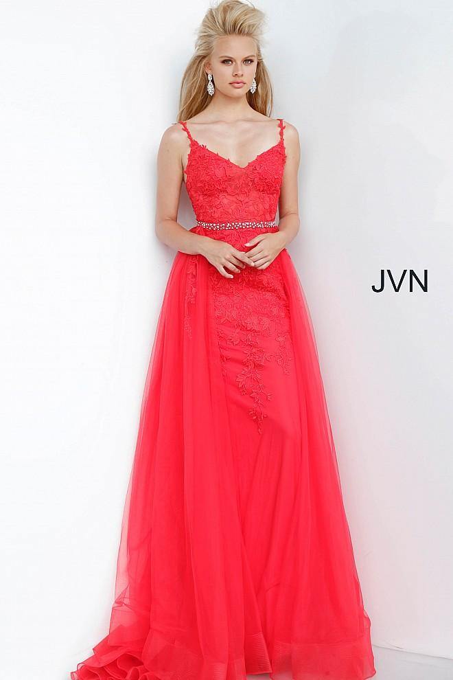 JVN By Jovani Prom Long Lace Gown JVN02260 Red - The Dress Outlet Jovani