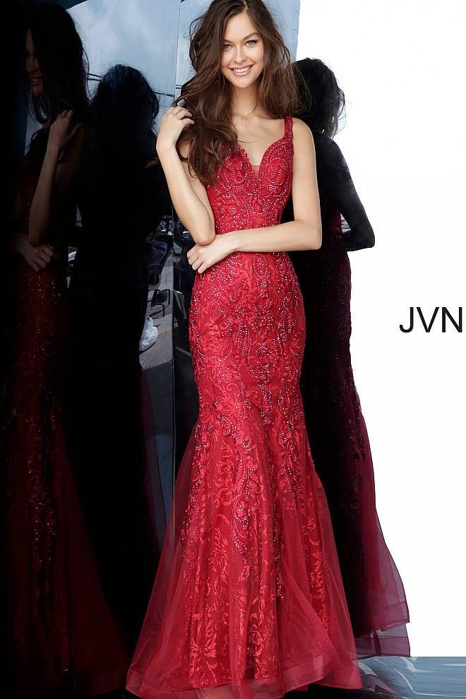 JVN By Jovani Long Mermaid Prom Gown JVN02319 Wine - The Dress Outlet Jovani