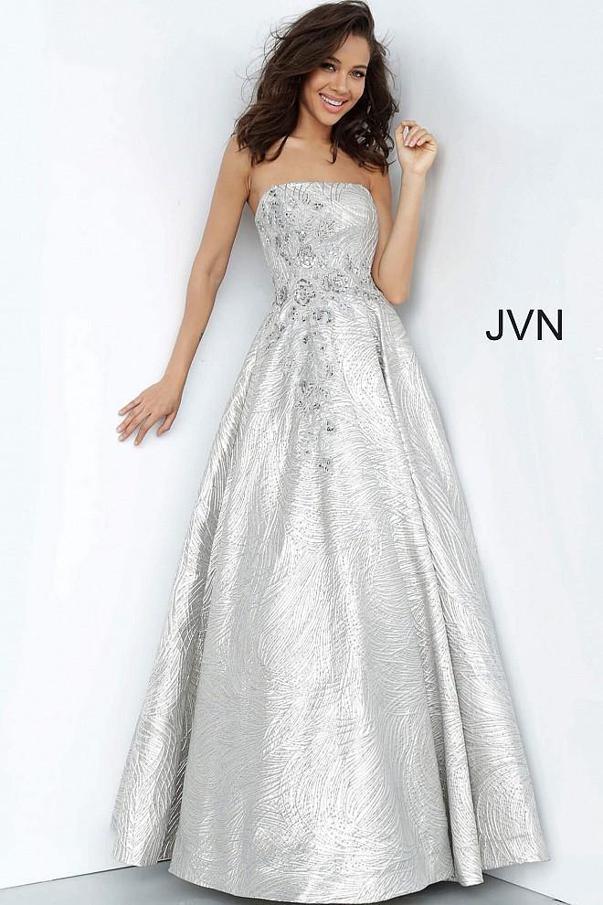 JVN By Jovani Long Formal Prom Gown JVN02323 Silver - The Dress Outlet Jovani
