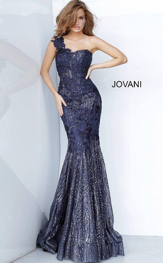 strapless open back dress Jovani 02445 Long One Shoulder Prom Gown