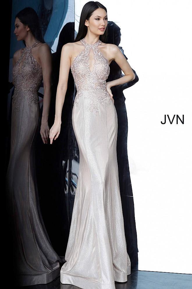 JVN By Jovani Long Halter Prom Dress JVN02746 Nude - The Dress Outlet Jovani