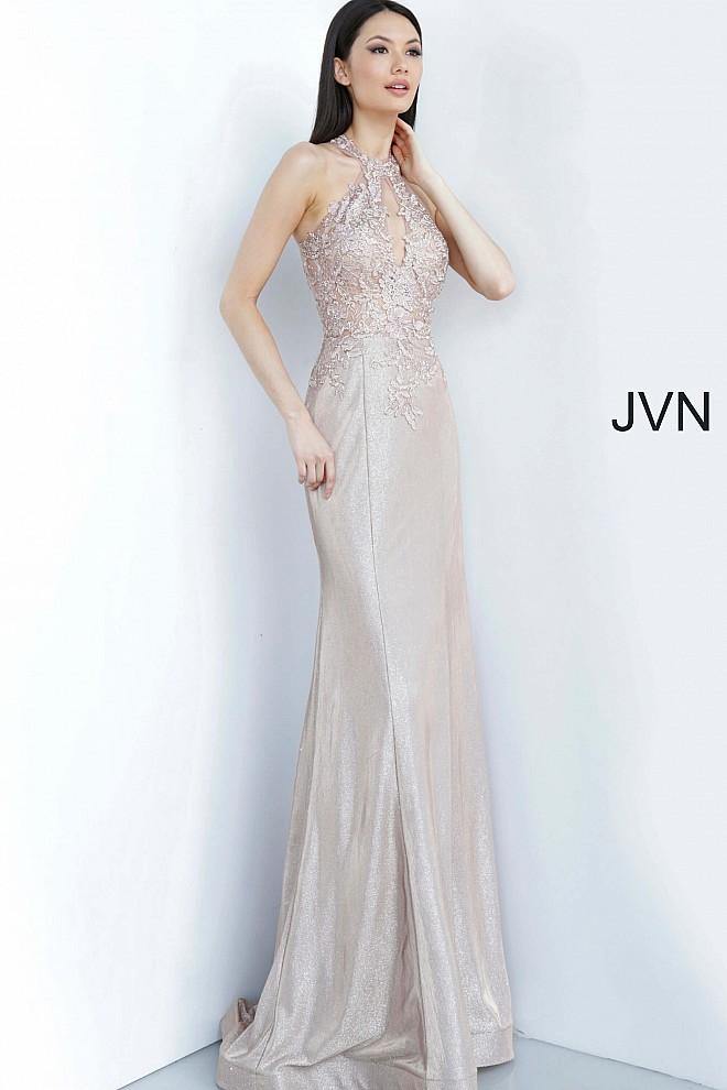 JVN By Jovani Long Halter Prom Dress JVN02746 Nude - The Dress Outlet Jovani