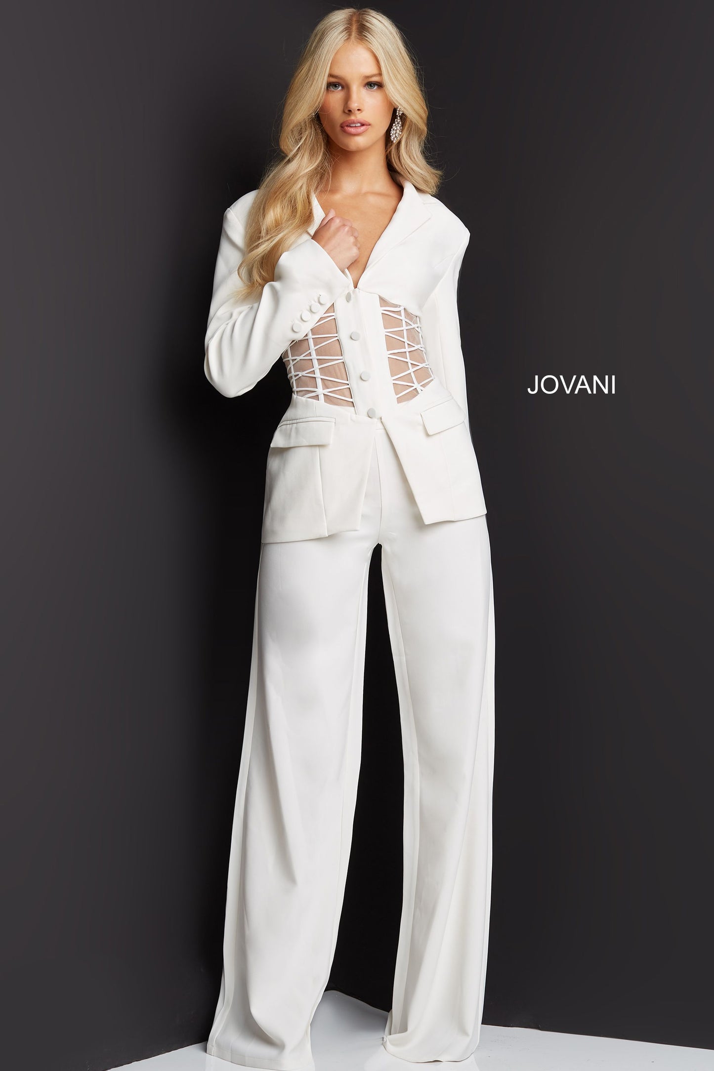 Jumpsuit 07227 Long Sleeve Two Piece Formal Pant Suit Ivory