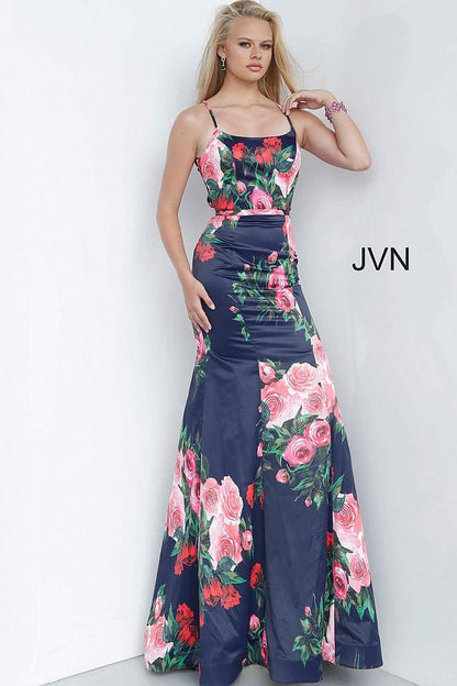 JVN By Jovani Prom Long Dress JVN1110 Navy/Print - The Dress Outlet Jovani