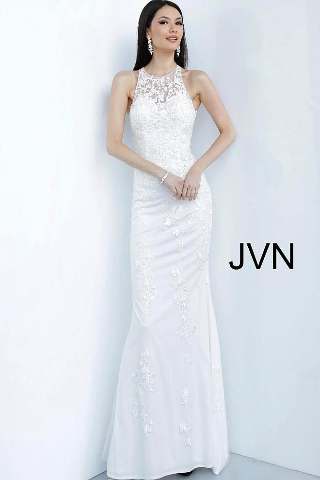 JVN By Jovani Long Halter Dress JVN1289 Off White - The Dress Outlet Jovani