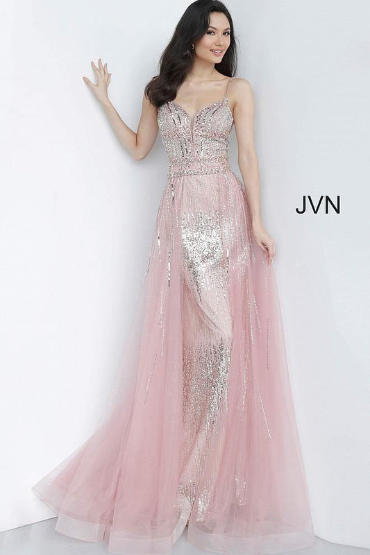 JVN By Jovani Long Spaghetti Strap Prom Gown JVN2151 Peach - The Dress Outlet Jovani