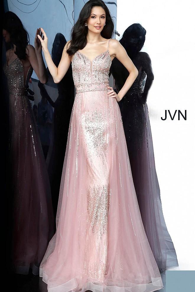 JVN By Jovani Long Spaghetti Strap Prom Gown JVN2151 Peach - The Dress Outlet Jovani