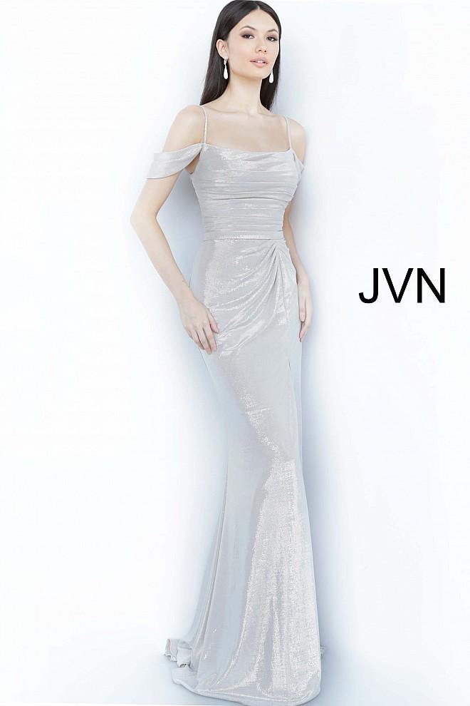 JVN By Jovani Long Formal Prom Dress JVN2230 Silver - The Dress Outlet Jovani