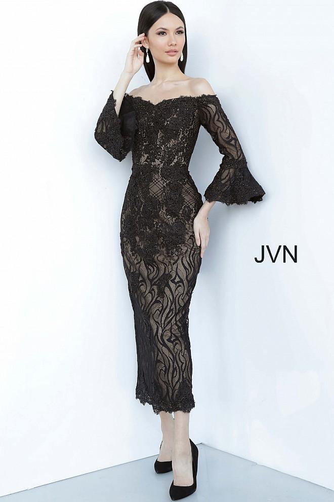 Jovani 2241 Black Short Lace Formal Dress - Off Shoulder V-Neck - Tea Length - Size 4 Jovani 2241 Black Short Lace Formal Dress - Off Shoulder V-Neck - Tea Length - Size 4