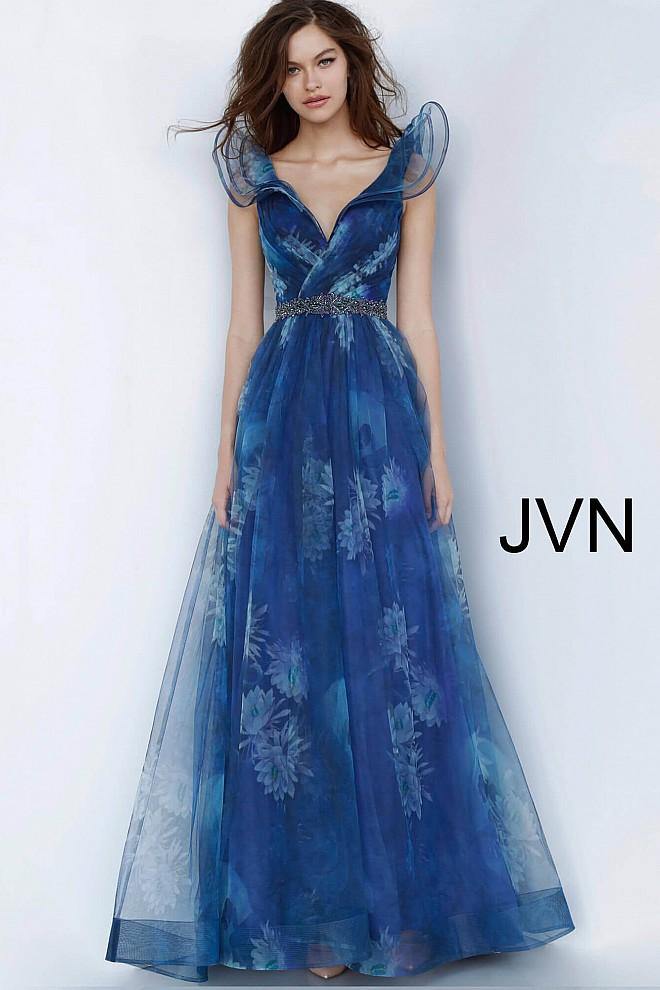 JVN By Jovani Prom Long Dress JVN2342 Blue/Print - The Dress Outlet Jovani