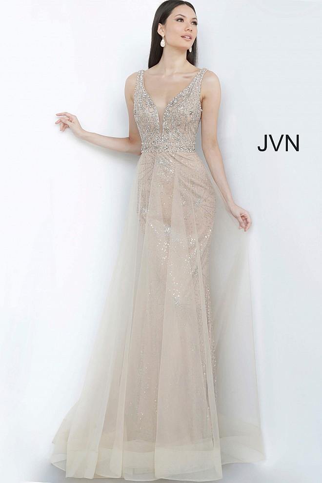 JVN By Jovani Long Prom Dress JVN2343 Champagne - The Dress Outlet Jovani