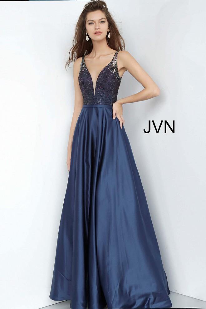 JVN By Jovani Beaded Long Prom Gown JVN2469 Navy - The Dress Outlet Jovani