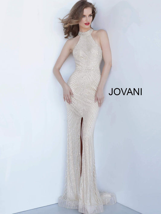 JVN by Jovani Long Halter Prom Beaded Dress JVN2482 - The Dress Outlet Jovani
