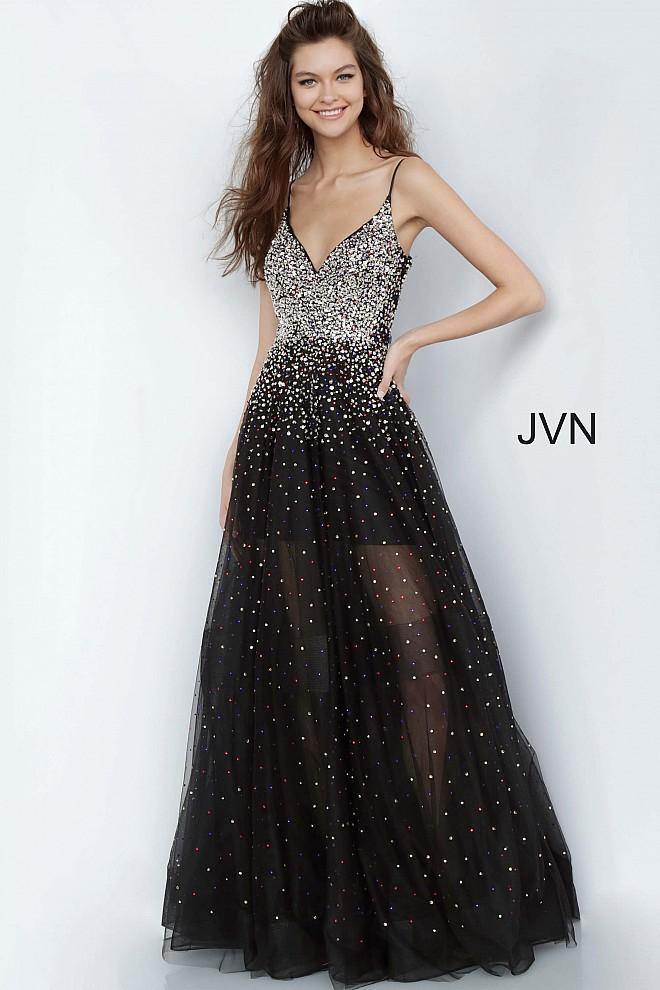 JVN By Jovani Long Prom Dress JVN2566 Black/Multi - The Dress Outlet Jovani