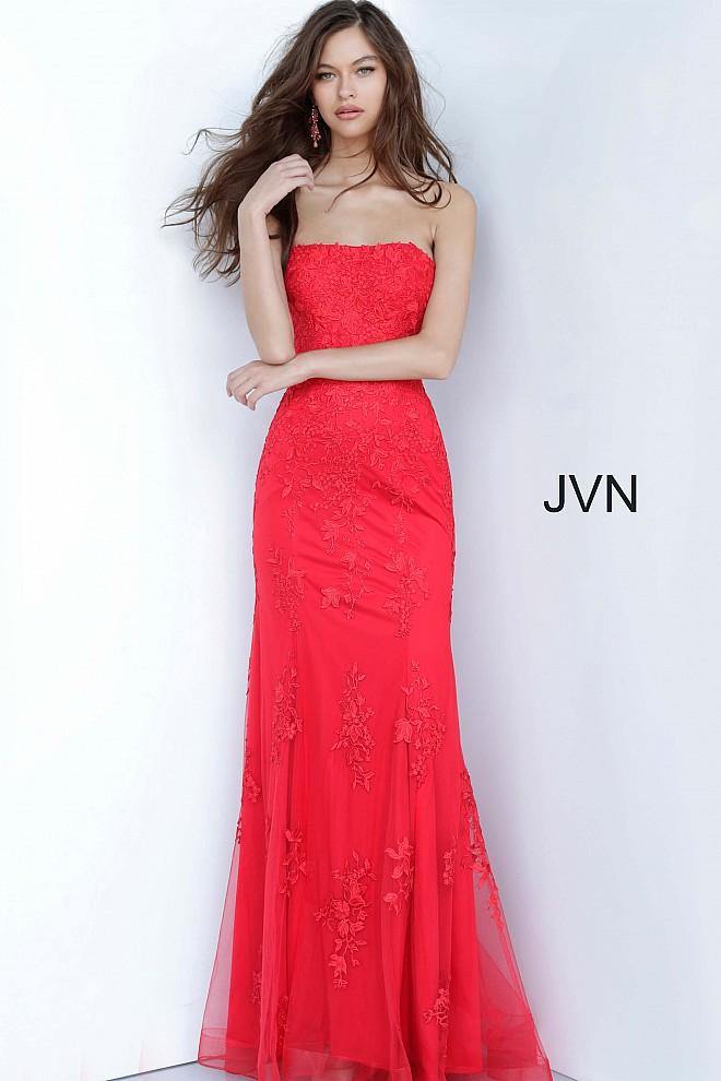 JVN By Jovani Long Strapless Prom Dress JVN3097 Red - The Dress Outlet Jovani