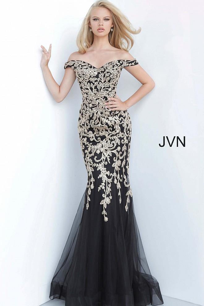 JVN By Jovani Prom Long Dress JVN3907 Black/Gold - The Dress Outlet Jovani