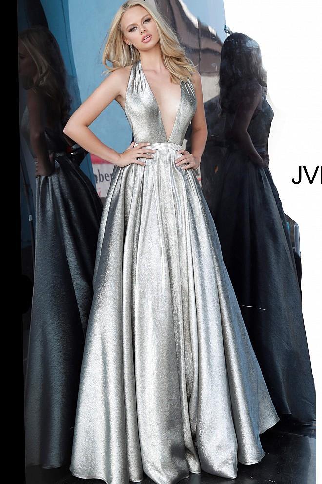 JVN By Jovani Long Halter Prom Gown JVN4187 Silver - The Dress Outlet Jovani