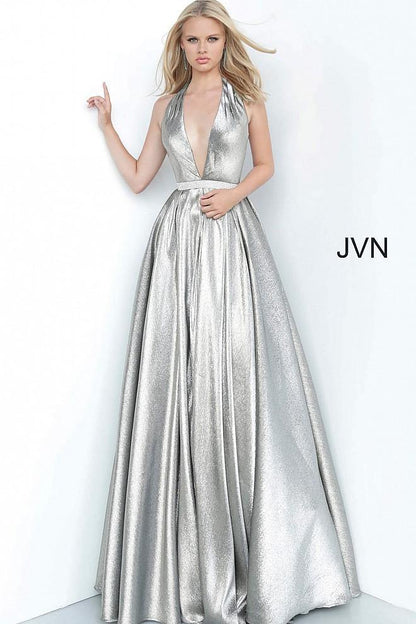 JVN By Jovani Long Halter Prom Gown JVN4187 Silver - The Dress Outlet Jovani