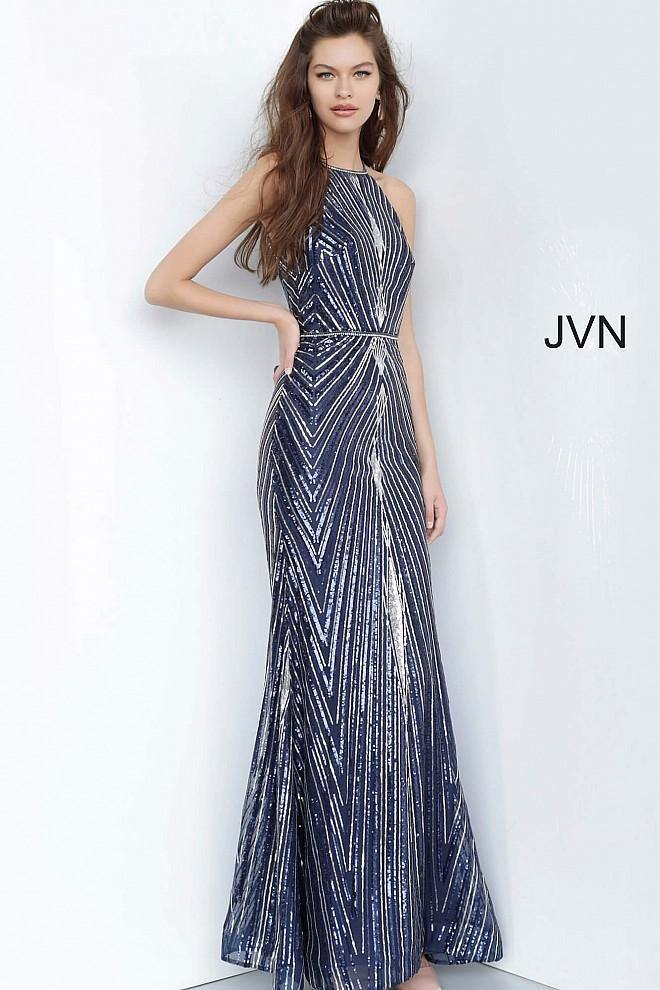 JVN by Jovani Long Halter Prom Dress JVN4710 Navy - The Dress Outlet Jovani
