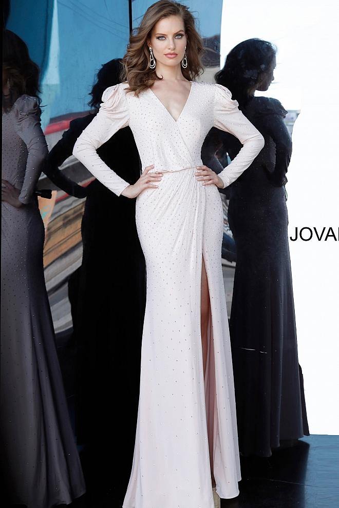 JVN By Jovani Long Formal Prom Dress JVN66323 Blush - The Dress Outlet Jovani
