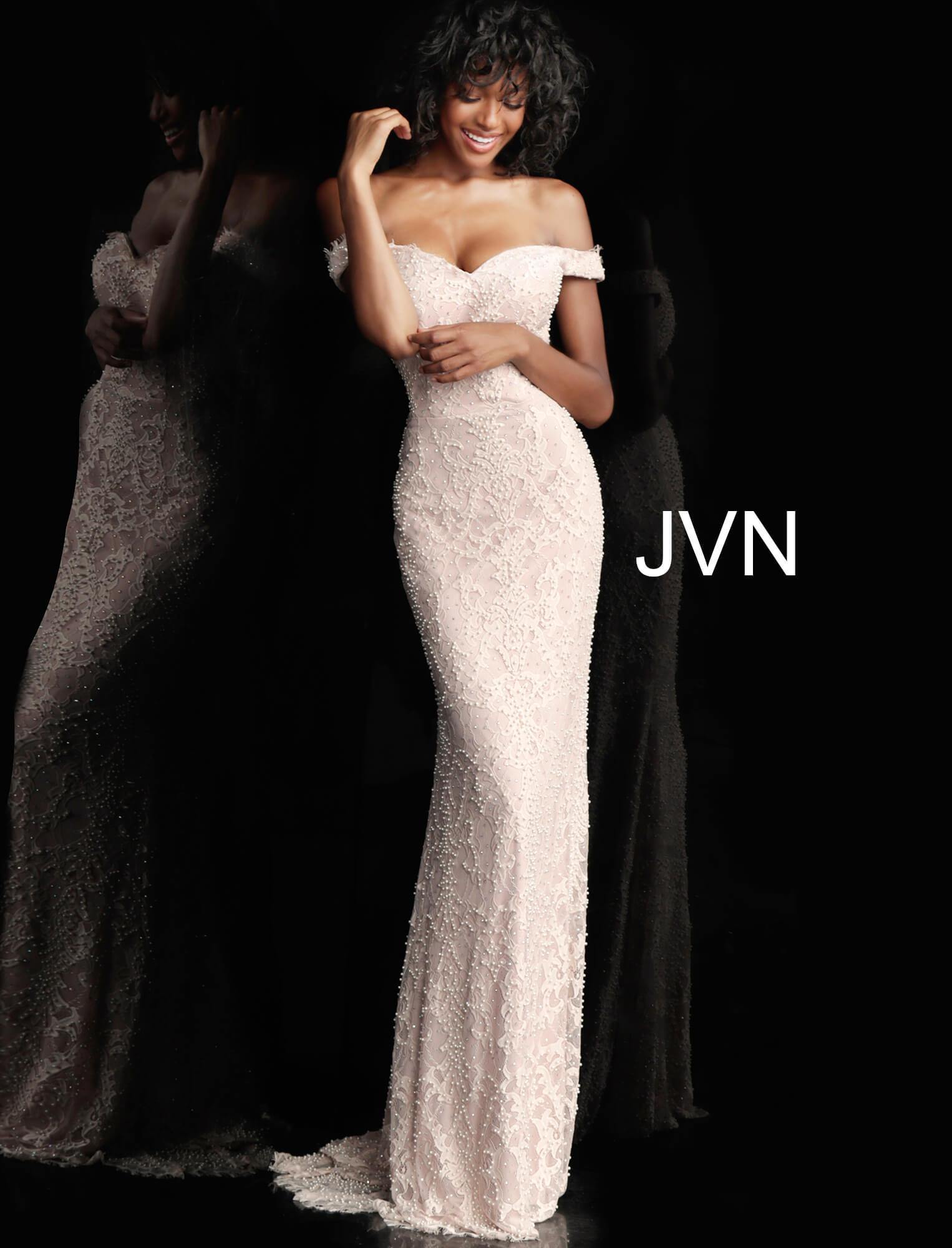 JVN By Jovani Off Shoulder Fitted Lace Prom Gown JVN66695 - The Dress Outlet Jovani