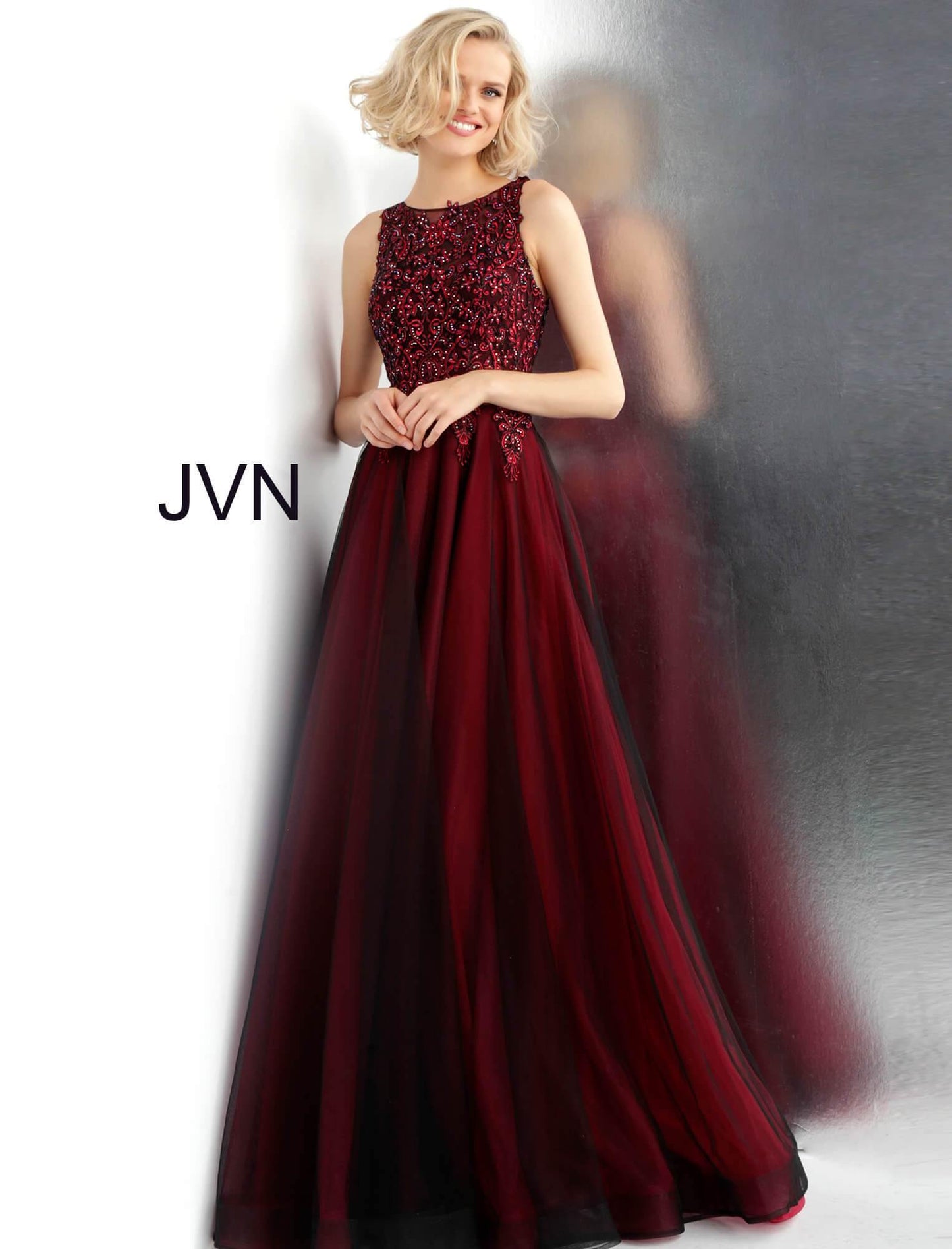 JVN By Jovani Long Ball Gown JVN67782 Wine/Black - The Dress Outlet Jovani