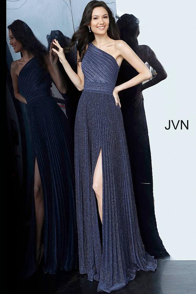 JVN By Jovani Long Pleated Prom Dress JVN68092 Navy - The Dress Outlet Jovani