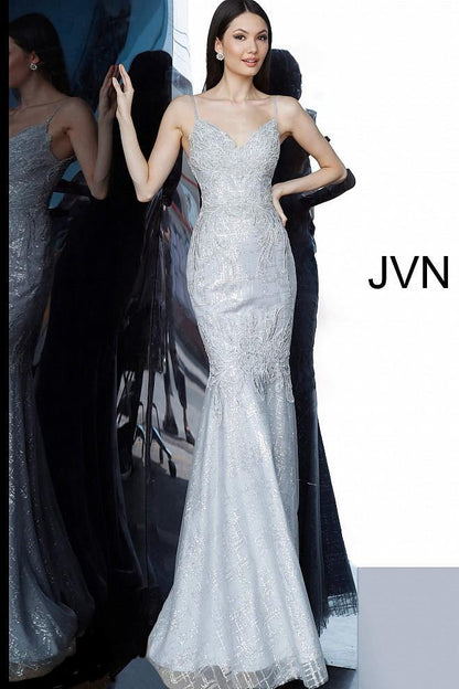 JVN By Jovani Long Formal Prom Gown JVN68134 Silver - The Dress Outlet Jovani