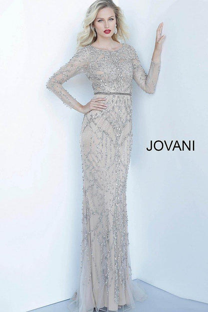 JVN By Jovani Long Prom Dress JVN68305 Nude/Silver - The Dress Outlet Jovani