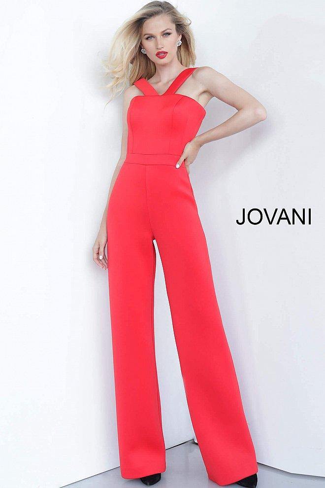 JVN By Jovani Long Formal Jumpsuit JVN68832 Tomato - The Dress Outlet Jovani