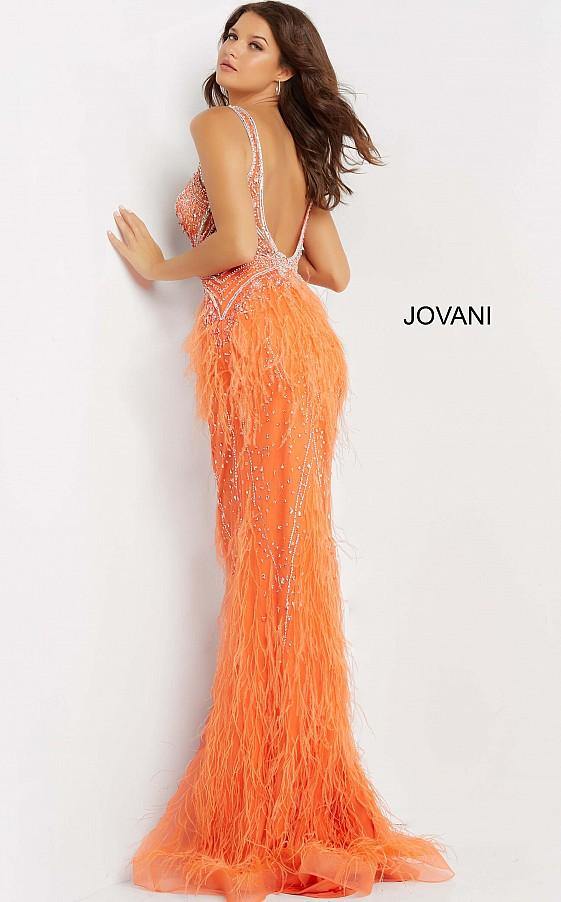 Jovani 03023 Prom Long Sleeveless Feather Dress Orange
