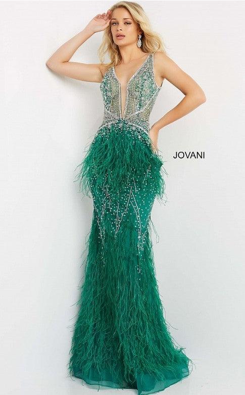 Jovani 03023 Prom Long Sleeveless Feather Dress Emerald