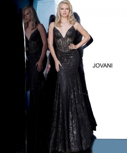 Jovani 3675 Prom Long Spaghetti Straps Mermaid Gown Black in Black