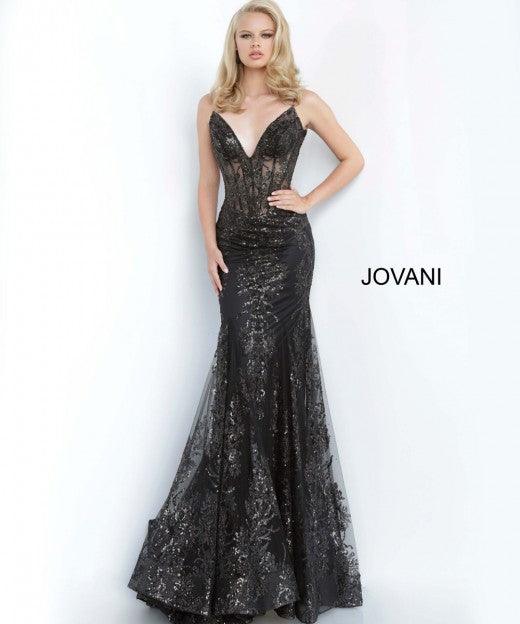 Jovani 3675 Prom Long Spaghetti Straps Mermaid Gown Black 