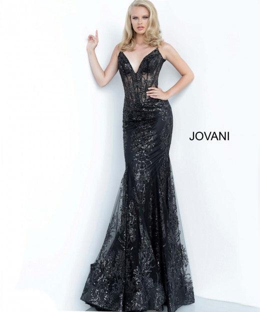 Jovani 3675 Prom Long Spaghetti Straps Mermaid Gown Black 