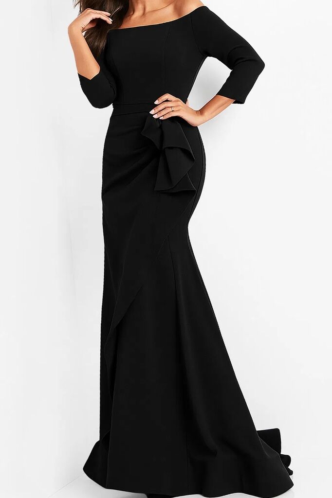 JVN By Jovani Off Shoulder Ruched Long Gown JVN02035 - The Dress Outlet Jovani Black