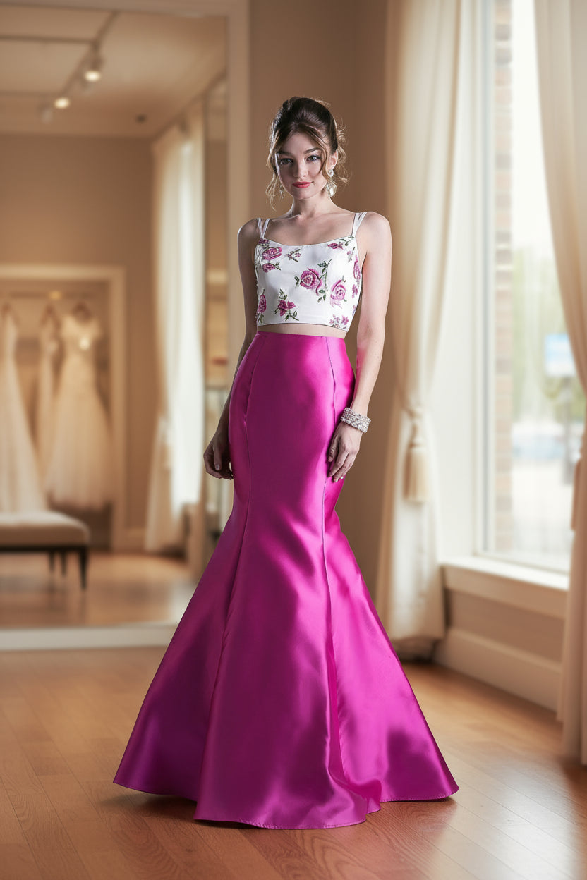 LaDivine KC1737 Two Piece Long Prom Dress in Fuchsia
