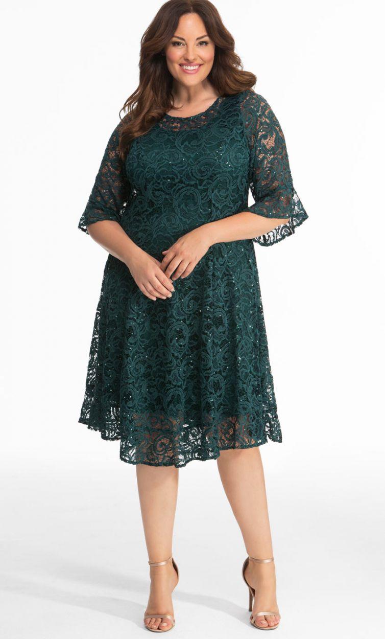 Kiyonna Long Sleeve Sequin Lace Cocktail Dress - The Dress Outlet Kiyonna